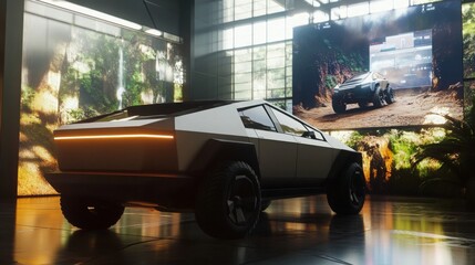 Aufkleber - An innovative electric vehicle stands prominently in a sleek exhibition area, highlighted by a natural scenery display on a large screen behind it.