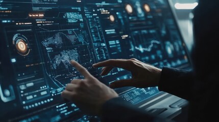 Poster - Hands Interact With Futuristic Global Data Display