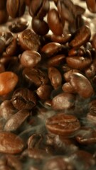 Aufkleber - Super Slow Motion of Falling Coffee Beans on Pile. Concept of Roasting Coffee Beans. Filmed on High Speed Cinema Camera, 1000 fps. Vertical Aspect Ratio.