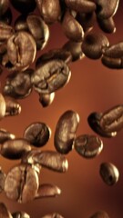 Fototapete - Super Slow Motion of Falling Coffee Beans on Pile. Concept of Roasting Coffee Beans. Filmed on High Speed Cinema Camera, 1000 fps.