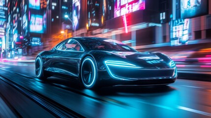 Poster - A futuristic, sleek, black car with glowing blue lights drives through a city at night. The city is brightly lit with neon signs and streetlights.