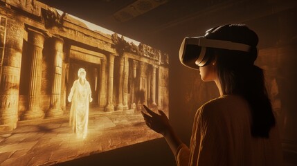 Poster - A person is engaged in a virtual reality experience, interacting with a holographic figure in a reconstructed ancient location. The atmosphere conveys a sense of wonder and discovery as they explore.