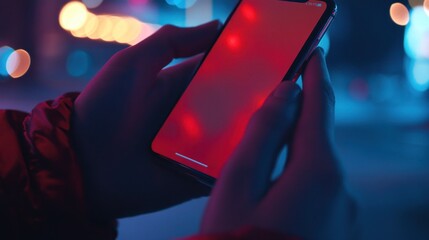 Poster - Hands Holding Smartphone Night City Lights