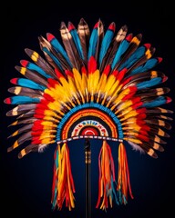 Sticker - Majestic Native American feather headdress displayed on stand with intricate beadwork and vibrant colors