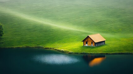 Poster -   A house perched atop a verdant hillside, overlooking a serene lake amidst a sea of greenery