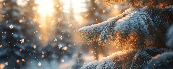 Wall Mural - snow-covered pine tree in a winter forest, sunlight filtering through snowflakes