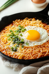 Wall Mural - Korean Rice Cakes and Ramen in a cast-iron pan, with cheese and green onions on top of the noodles, a sunny-side-up egg, and a red sauce