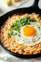 Wall Mural - Korean Rice Cakes and Ramen in a cast-iron pan, with cheese and green onions on top of the noodles, a sunny-side-up egg, and a red sauce