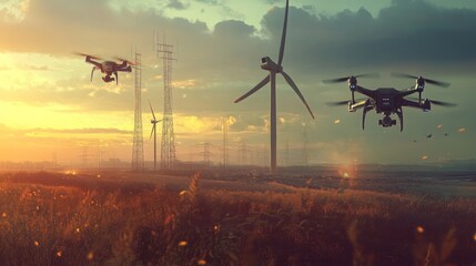 Wall Mural - Two drones navigate the sky above wind turbines at sunset, casting shadows across the vibrant landscape. The wind is calming, and the scene captures the fusion of technology and nature.