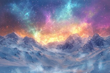 Wall Mural - winter sky illuminated by bright, colorful auroras against snowy landscapes.