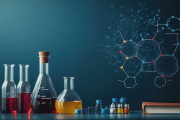 Poster - Colorful laboratory glassware with various liquids and chemical structures on display