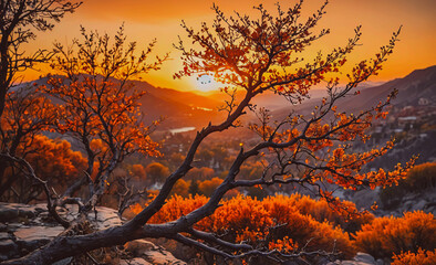 Aufkleber - A tree with orange leaves is silhouetted against a sunset. The sky is orange and the sun is setting