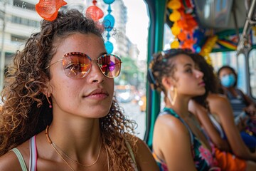 A group of young women relaxes on a colorful city bus, admiring the bustling street outside while surrounded by festive decorations that create an inviting atmosphere