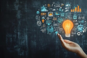Poster - A hand reaching toward a glowing light bulb surrounded by digital icons on a blackboard backdrop
