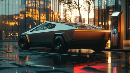 Poster - A sleek, futuristic electric vehicle stands parked near a charging station as the sun sets behind glass buildings. The scene captures a blend of technology and urban architecture during twilight.