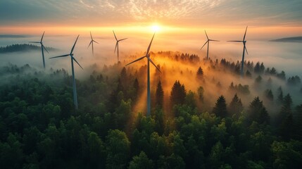 Poster - As dawn breaks, sunlight illuminates tall wind turbines rising above a misty forest, creating a serene atmosphere in nature's beauty.