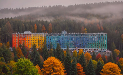 Aufkleber - A colorful building with a rainbow of colors is seen in the distance. The building is surrounded by trees and the sky is cloudy