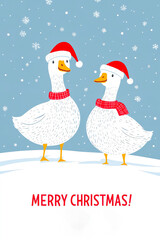 Poster - Two cheerful ducks in Santa hats stand on a snowy ground, spreading holiday cheer against a backdrop of gently falling snowflakes