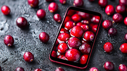 Aufkleber - A sleek smartphone showcases vivid red cranberries on its screen, surrounded by real cranberries on a dark, wet surface