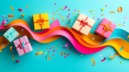 Poster - Vibrantly wrapped gift boxes rest on a bright blue surface surrounded by ribbons and colorful confetti, perfect for celebrations
