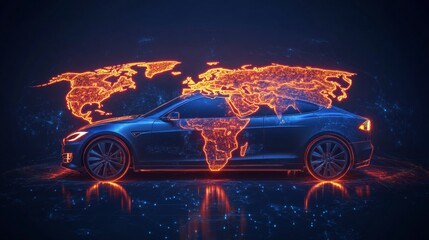 Poster - An electric vehicle is shown against a dark backdrop, with a vibrant world map projection in striking orange hues, creating a visually captivating effect.