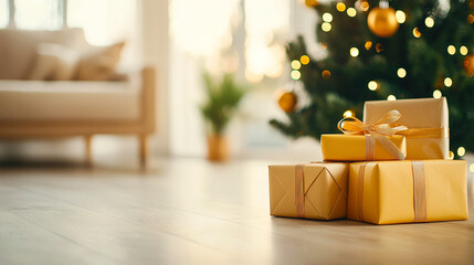 Poster - Colorful wrapped packages sit on a wooden floor beside a sparkling Christmas tree in a warmly lit living area