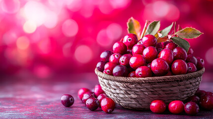Aufkleber - A woven basket filled with fresh cranberries sits on a table, showcasing bright red fruits surrounded by a colorful autumn atmosphere