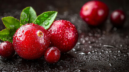 Poster - Juicy red cranberries accompanied by vibrant green leaves glisten with water droplets on a dark surface