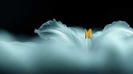 Wall Mural -   A white flower against a black backdrop, featuring a yellow stamen center and white cloudy scenery in the foreground