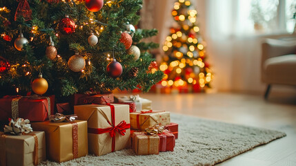 Poster - Colorful wrapped presents are placed under a shimmering Christmas tree in a warmly lit living room, enhancing the festive atmosphere