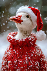 Poster - A festive goose stands in a cozy red sweater with a Santa hat, enjoying falling snowflakes in a cheerful winter landscape