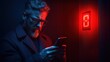 © Evgenii - In a dark corridor, a man with glasses focuses on his smartphone, illuminated by the red light of a number eight on the wall, creating a mysterious atmosphere