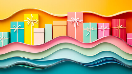Poster - A variety of brightly colored gift boxes are neatly arranged along a wavy paper backdrop, creating a festive and cheerful atmosphere