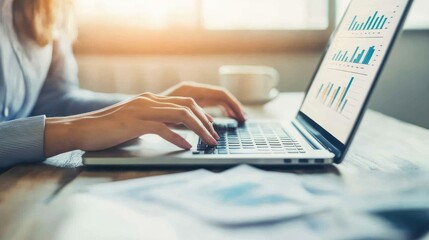 Poster - Woman Working on Laptop Analyzing Financial Data