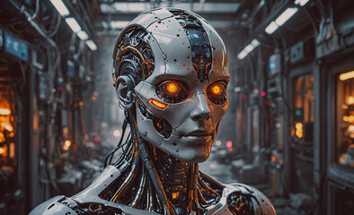 Aufkleber - A woman with a robotic face stands in a dark room. The room is filled with wires and machinery, giving off a futuristic and industrial vibe. The woman's eyes are glowing, adding an eerie