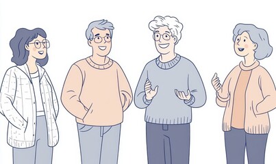 Wall Mural - A group of five people, three men and two women in their sixties, are standing next to each other and talking about something with happy expressions Generative AI