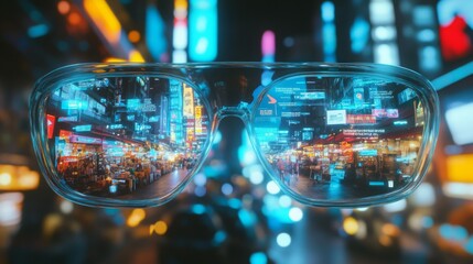 Poster - A pair of futuristic glasses reflects a bustling urban nightscape filled with colorful lights and digital advertisements.