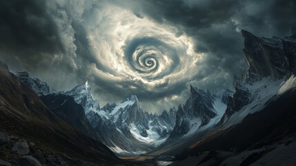 Wall Mural - Beautiful fantasy landscape with snow mountains and swirling clouds.