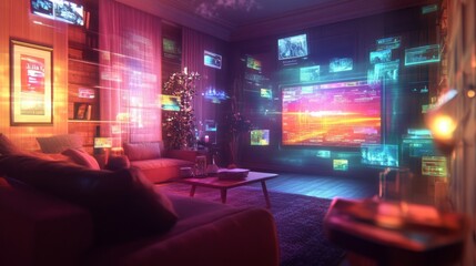 Leinwandbilder - A living room with a large flat screen TV on the wall. The screen is displaying an abstract design with colorful light trails.