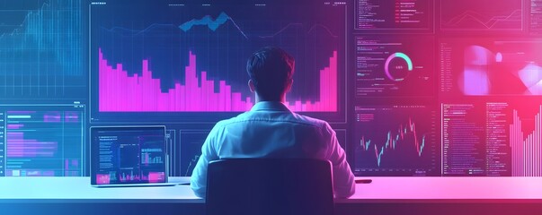 Fototapete - person analyzing data on modern computer screens.