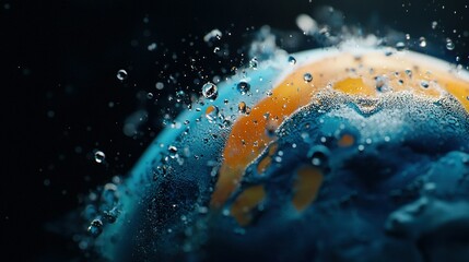 Wall Mural -   A close-up shot of a tri-colored object with water droplets on its surface against a dark backdrop