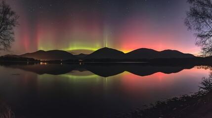 Wall Mural - the aurora borealis shines above the mountains, reflecting on the lake with a perfect reflection.