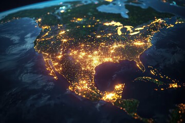 Wall Mural - Glowing city lights across continents connected by bright digital networks.
