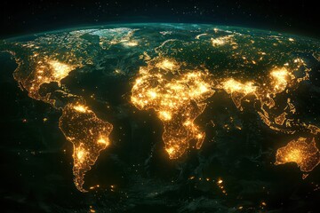 Wall Mural - glowing city lights across continents connected by bright digital networks.