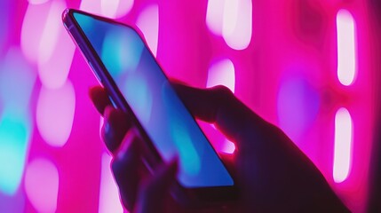 Poster - Hand Holding Smartphone Against Vibrant Pink Neon Lights