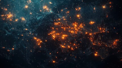 Wall Mural - glowing network nodes on a dark blue global map with fiery orange highlights