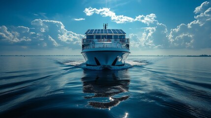 Poster - A modern solar-powered boat navigates calm waters, creating gentle ripples. The sky is vivid with clouds, reflecting serene beauty during daytime.