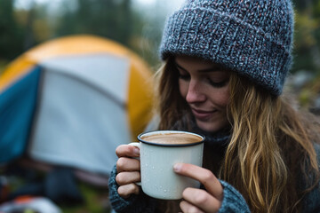 Wall Mural - A woman savoring camping experience with fresh coffee.