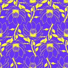 Wall Mural - simple graphic seamless pattern of yellow magnolia flowers on blue background, texture