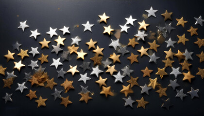 Fototapete - star shaped confetti in gold and silver, scattered randomly on a matte black background